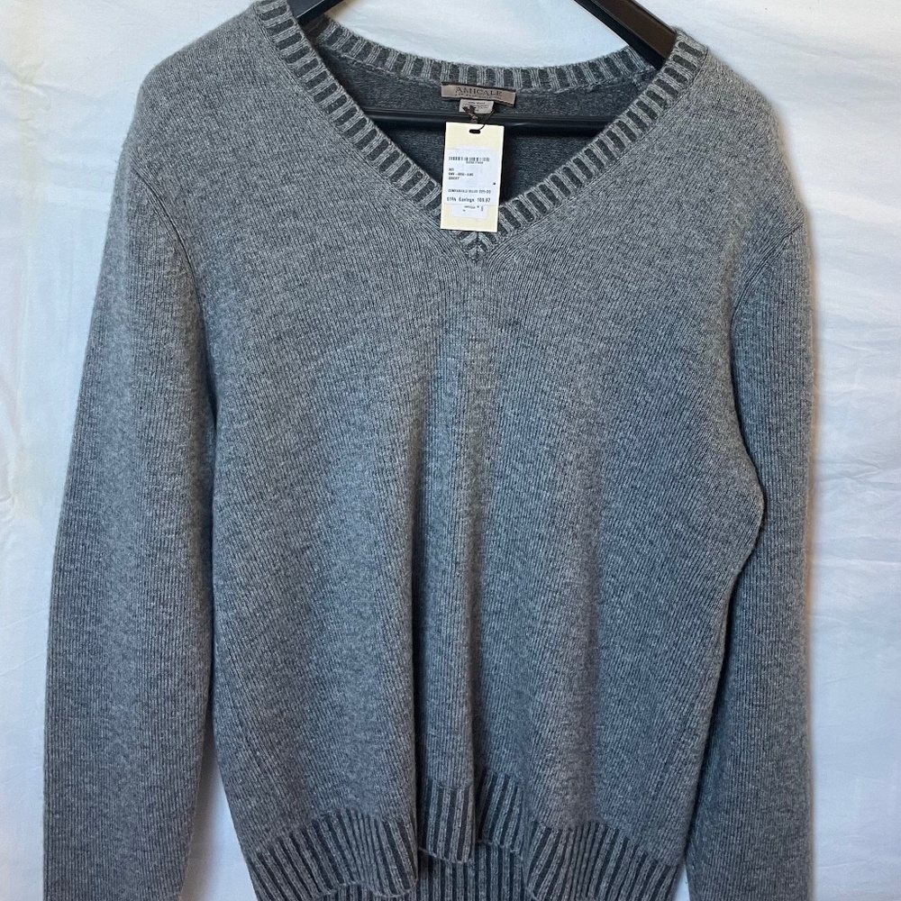 AMICALE Cashmere Blend Plated Jersey V-Neck Pullover- GRAY